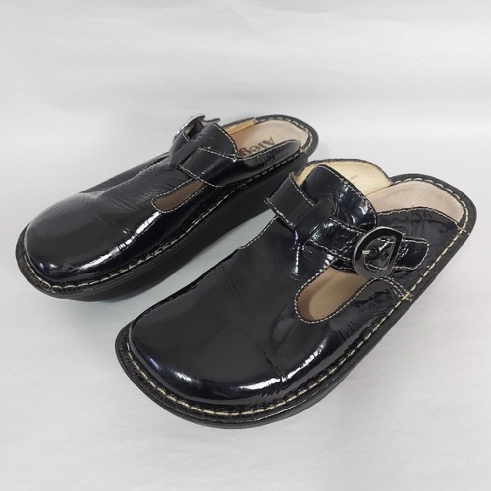 Alegria Women Black Patent Mary Jane Clogs 36 EU Buckle Strap Retro Slipon Mules